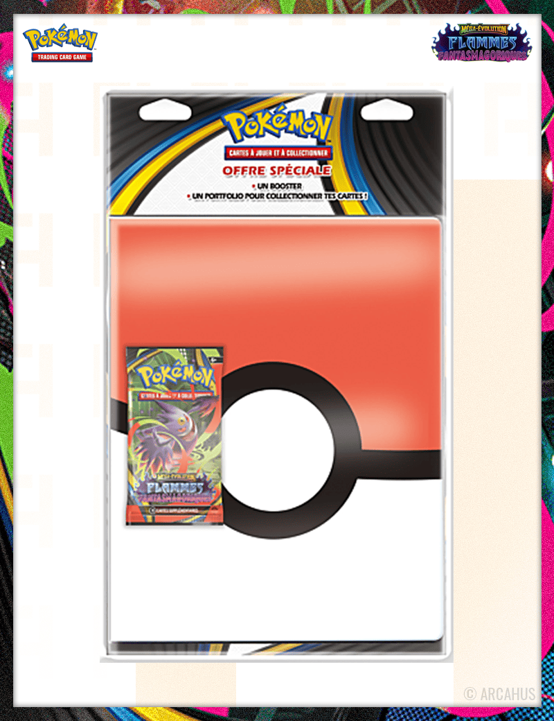 Portfolio Pokéball + Booster Flammes Fantasmagoriques - Cahier + Booster 1pc Aléatoire Pokémon VF ME02 Méga-Evolution Flammes Fantasmagoriques